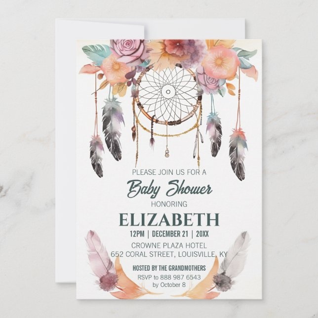 Boho Floral Dreamcatcher Baby Shower Ideas Invitation (Front)