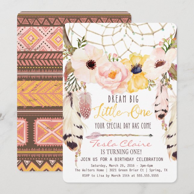 Boho Floral Dreamcatcher First Birthday Invitation (Front/Back)