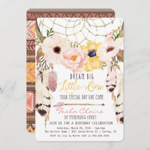 Boho Floral Dreamcatcher First Birthday Invitation