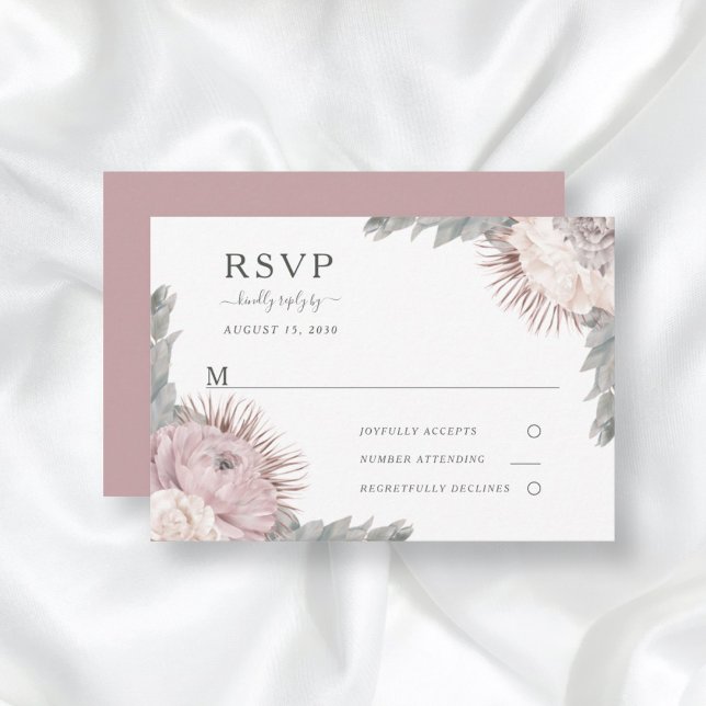Boho Floral Dried Flowers Dusty Rose Wedding RSVP Card (Creator Uploaded)