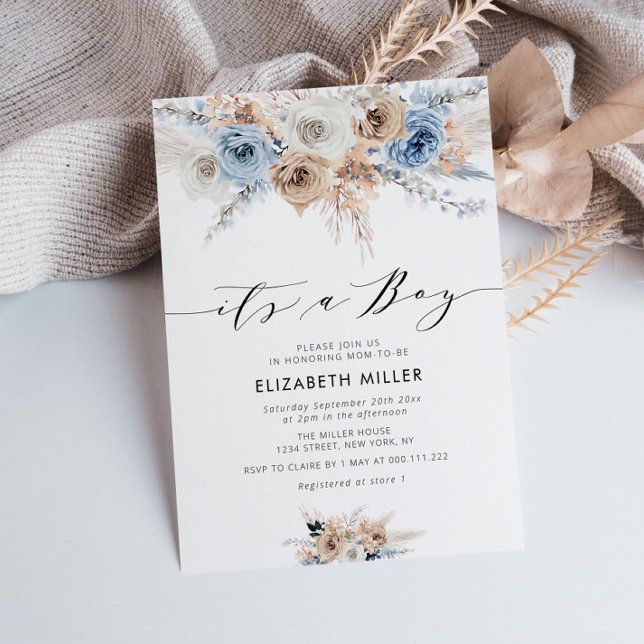boho floral dusty blue baby shower invitation (Creator Uploaded)