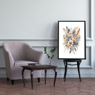 Boho Floral Dusty Blue Beige Watercolor Flowers Poster
