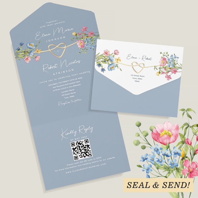 Boho Floral Dusty Blue Wedding All In One Invitation (Creator Uploaded)