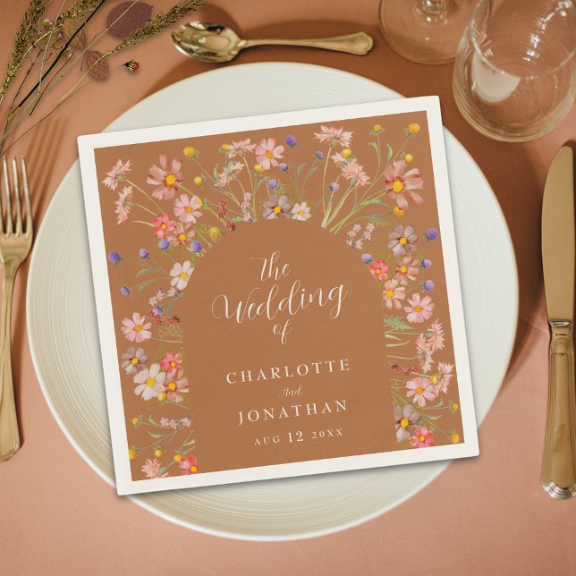 Boho Floral Elegant Arch Fall Wedding Napkins (Terracotta brown boho chic floral arch fall wedding personalized napkin Watercolor wildflowers )