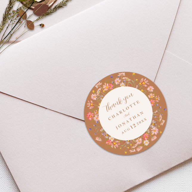 Boho Floral Elegant Fall Wedding Thank You Classic Round Sticker (Elegant modern boho rustic floral fall wedding thank you custom sticker watercolor wildflowers )