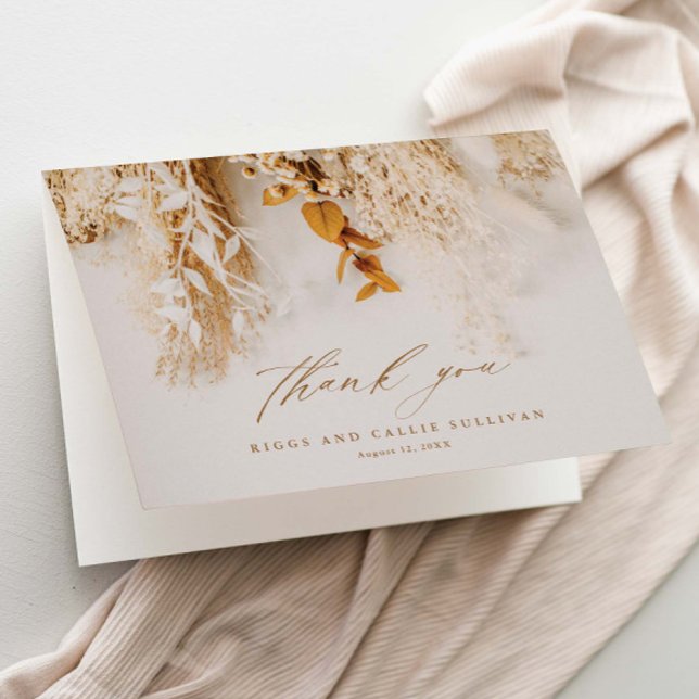 Boho Floral Elegant Script Wedding Thank You Card (Elegant dried floral boho script wedding thank you cards.)