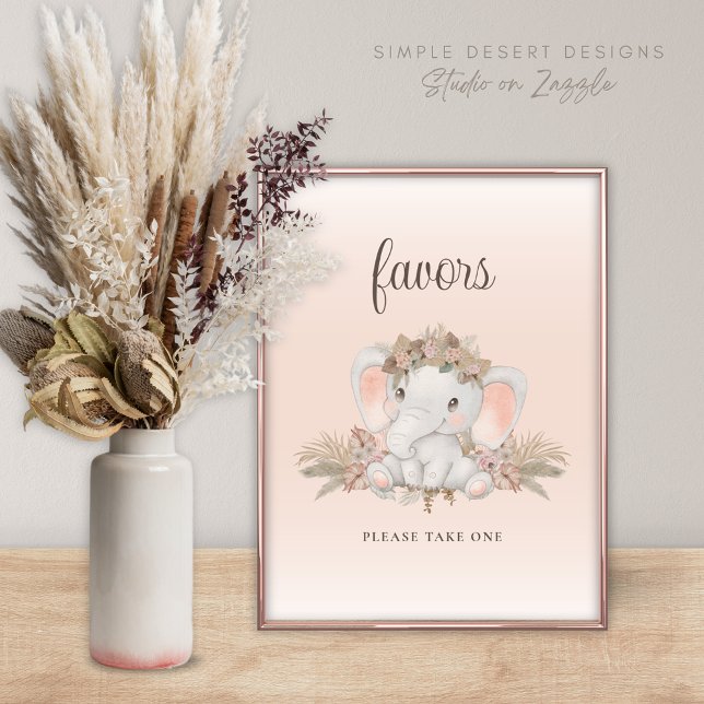 Boho Floral Elephant Baby Shower Favours Sign (Cute Boho Baby Shower Favors Sign with Elephant Pampas Grass and Simple Floral Design)