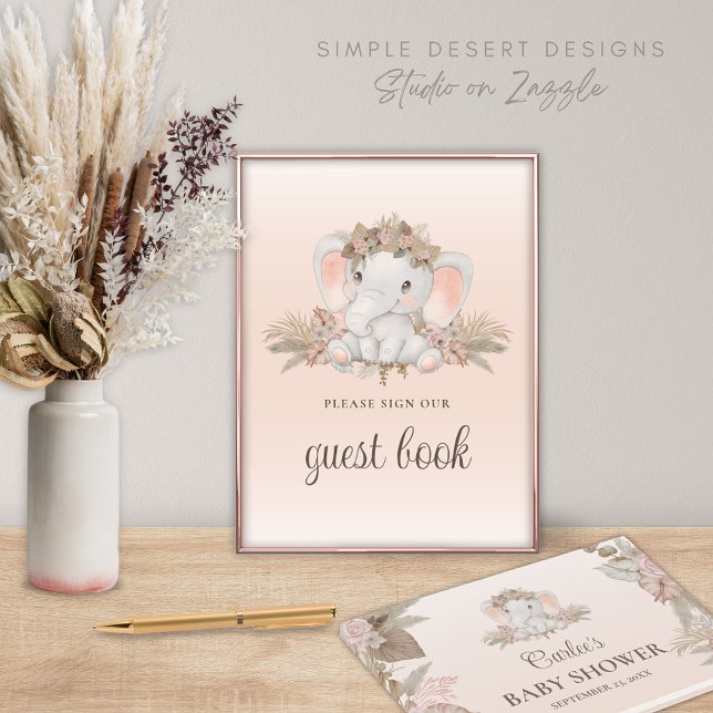 Boho Floral Elephant Baby Shower Guest Book (Cute Elephant Boho Baby Shower Guest Book and Sign with Gender Neutral Floral Pampas Grass)