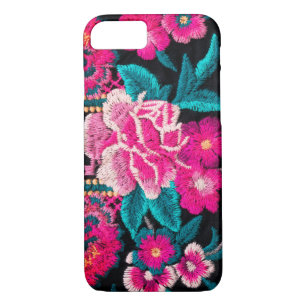 Boho floral embroidery look black, pink, teal iPhone 8/7 case