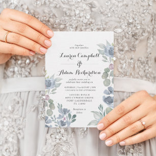 Boho Floral & Eucalyptus Dusty Blue Wedding Invitation