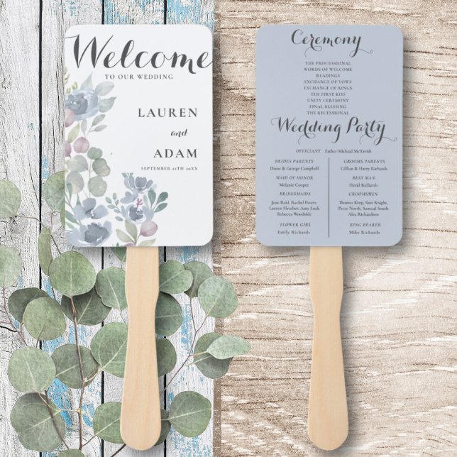 Boho Floral Eucalyptus Dusty Blue Wedding Program Hand Fan (Creator Uploaded)