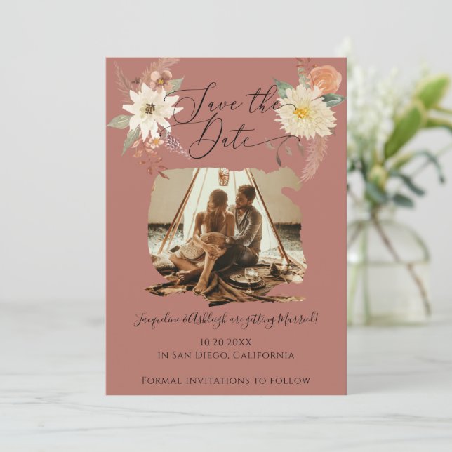 BOHO Floral Fall Foliage Watercolor Earthy Photo Save The Date (Standing Front)
