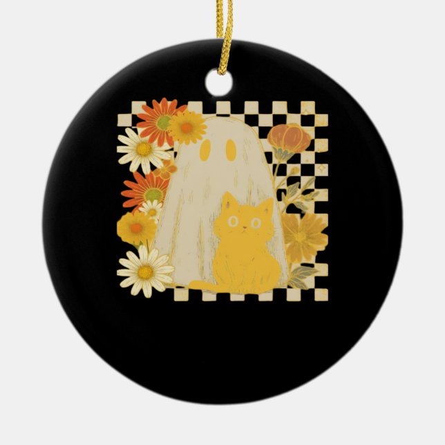 Boho Floral Fall Ghost and Black Cat Halloween Fal Ceramic Ornament (Front)