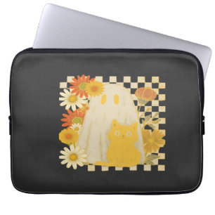 Boho Floral Fall Ghost and Black Cat Halloween Fal Laptop Sleeve