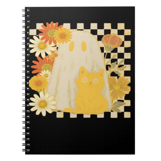 Boho Floral Fall Ghost and Black Cat Halloween Fal Notebook (Front)