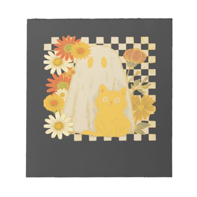 Boho Floral Fall Ghost and Black Cat Halloween Fal Notepad (Front)