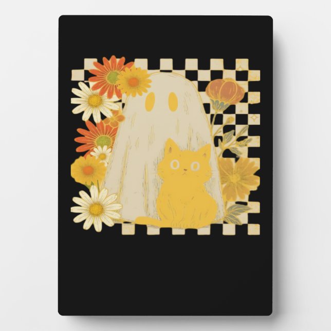 Boho Floral Fall Ghost and Black Cat Halloween Fal Plaque (Front)
