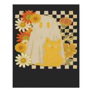 Boho Floral Fall Ghost and Black Cat Halloween Fal Poster