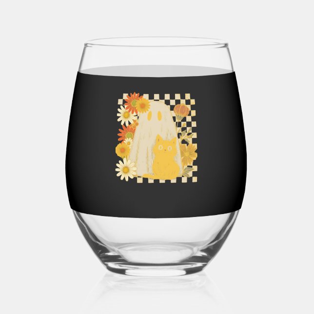Boho Floral Fall Ghost and Black Cat Halloween Fal Stemless Wine Glass (Front)