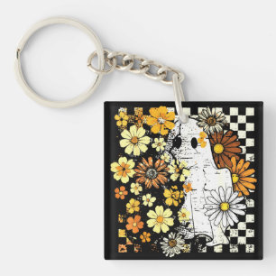 Boho Floral Fall Ghost Thanksgiving Autumn Vibes Key Ring