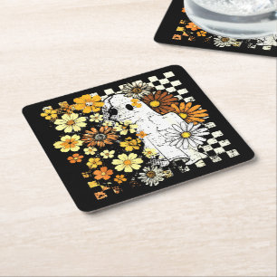 Boho Floral Fall Ghost Thanksgiving Autumn Vibes Square Paper Coaster