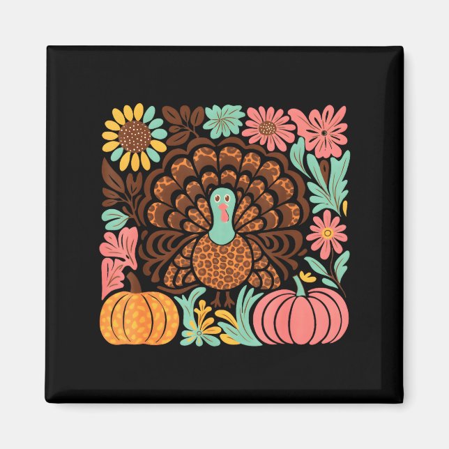 Boho Floral Fall Turkey Pumpkin Thanksgiving Girl  Magnet (Front)