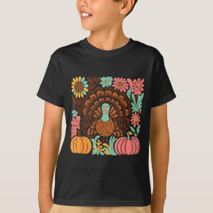 Boho Floral Fall Turkey Pumpkin Thanksgiving Girl  T-Shirt