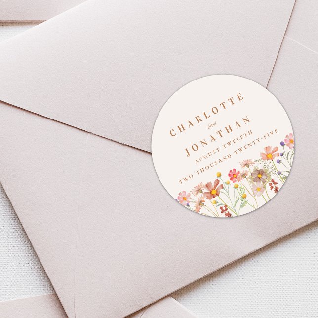 Boho Floral Fall Wedding Classic Round Sticker (Boho fall rustic Wildflower floral custom Wedding sticker watercolor flowers elegant modern)
