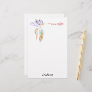 Boho Floral Feather Arrow Named Writing Paper