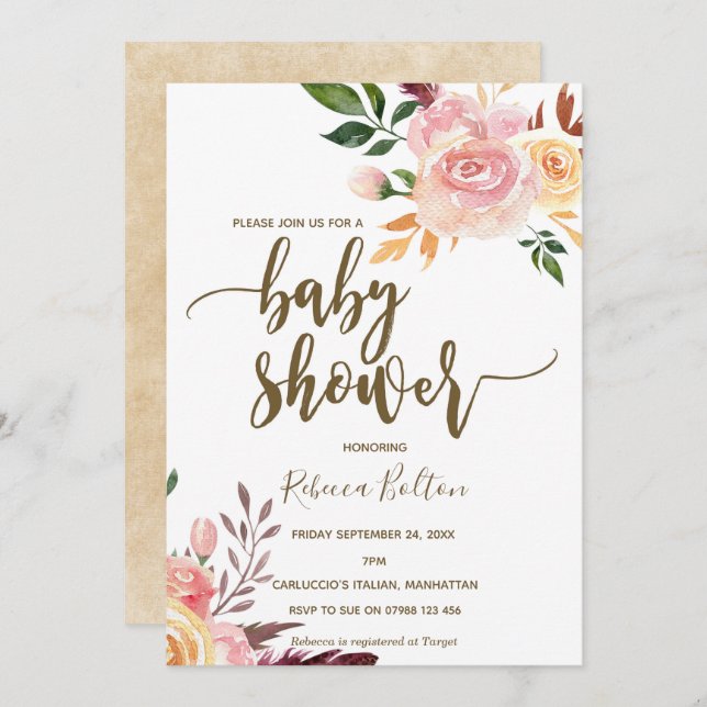 boho floral feather modern baby shower invite (Front/Back)