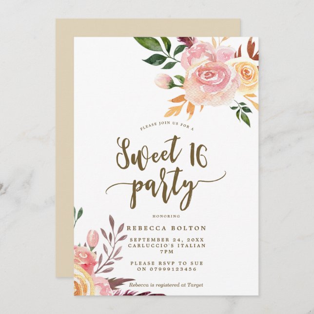 boho floral feather Sweet 16 invitation (Front/Back)