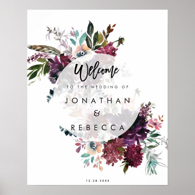 boho floral feather wedding welcome sign poster (Front)