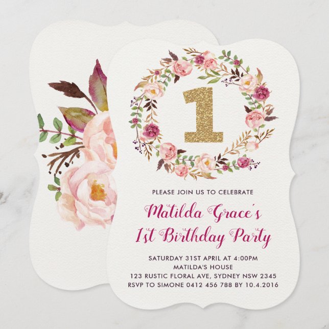 Boho Floral First Birthday Girl Party Invitation (Front/Back)