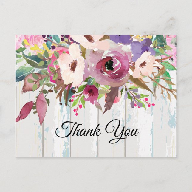 boho floral, flower birthday thank you card (Front)