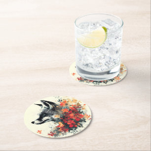 Boho Floral Fox Wildlife Nature Round Paper Coaster