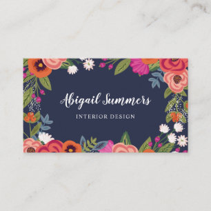 Boho Floral Frame - Navy Blue & Coral Business Card