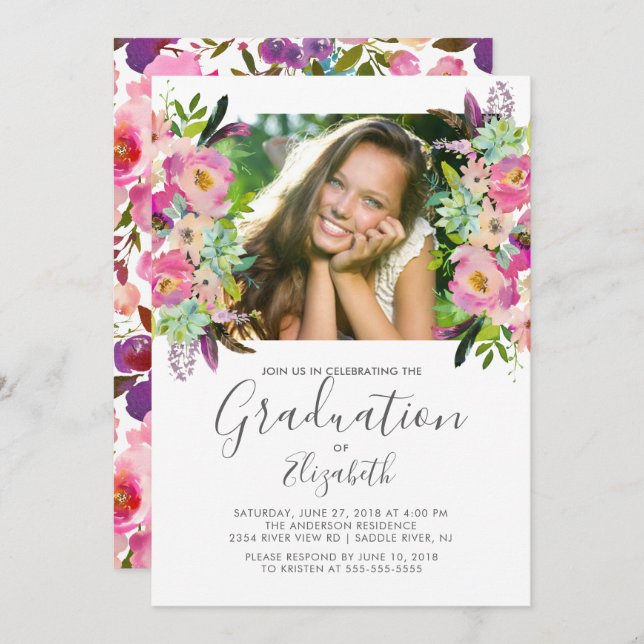 Boho Floral Frame Photo Graduation Invitation (Front/Back)