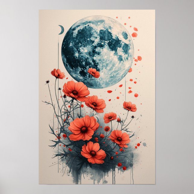 Boho Floral Frame with Blue Moon: Watercolor Poster (Front)