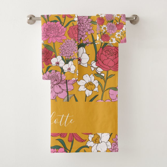 Boho Floral Garden Yellow Personalised Name Bath Towel Set (Insitu)
