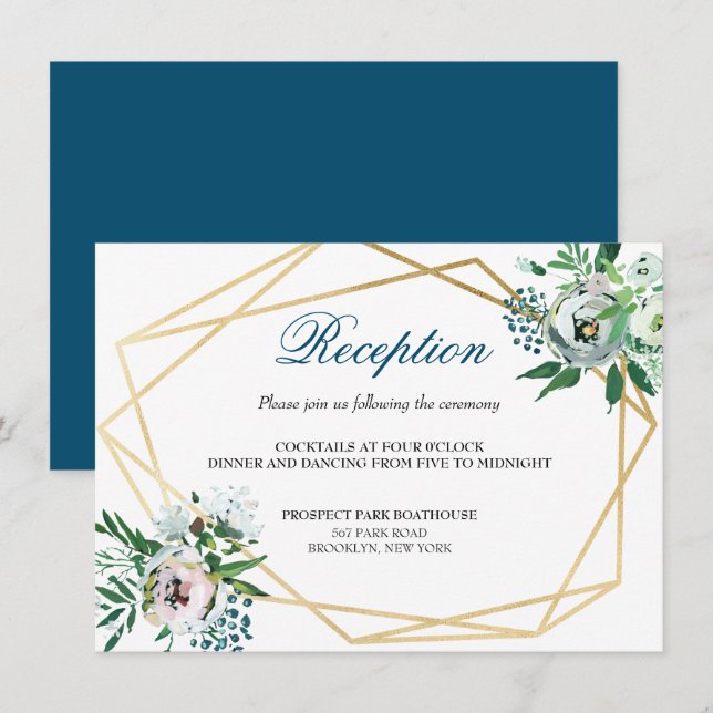 Boho Floral Geometric Blue Wedding Reception Enclosure Card (Front/Back)