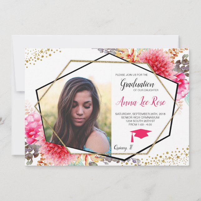 Boho Floral Geometric Gold Graduation Invitation (Front)