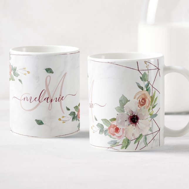 Boho Floral Geometric Rose Custom Monogram Name Coffee Mug (Creator Uploaded)