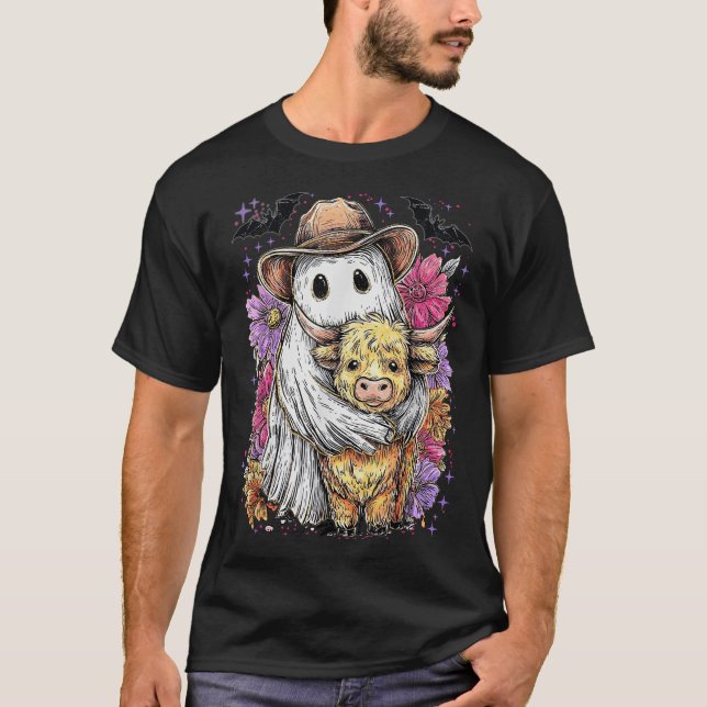  Boho Floral Ghost And Highland Cow Spooky Cowboy  T-Shirt (Front)