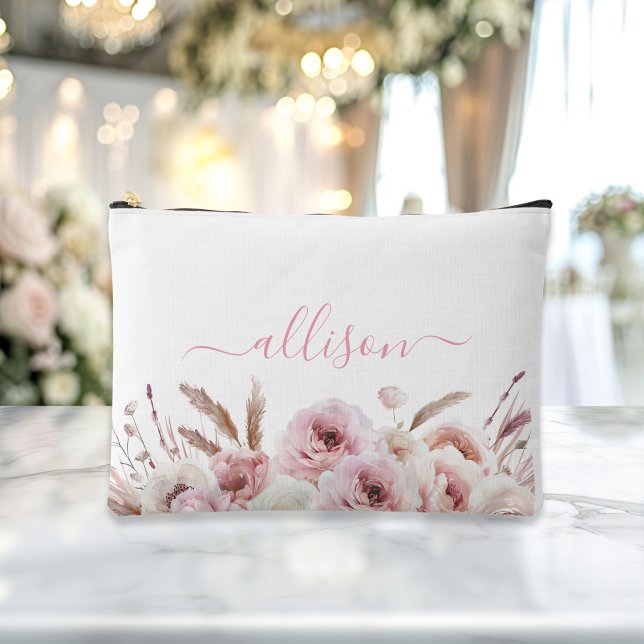 Boho, floral, Gift, Name  Accessory Pouch (Boho, floral, gift Name accessory and makeup bag showcases a sleek pink script font with elegant swa)