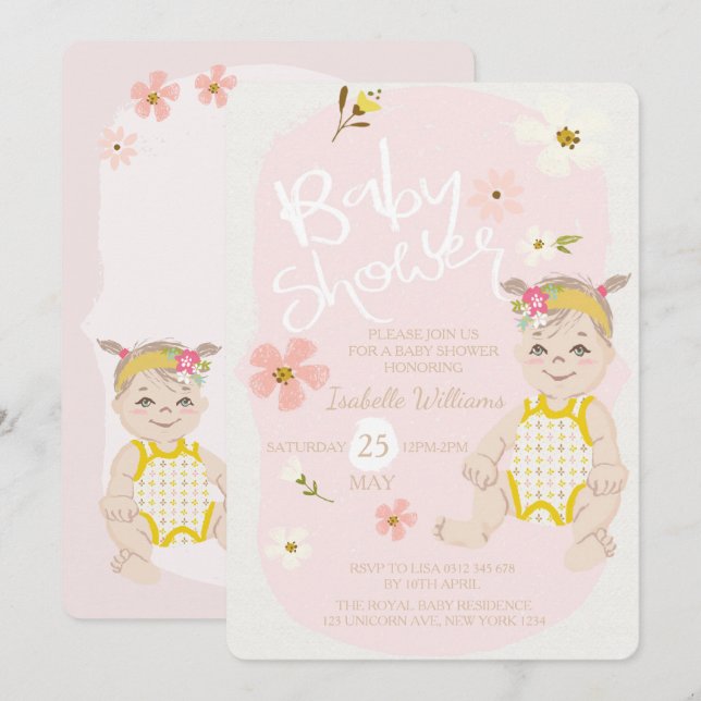 Boho Floral Girl Invitation Pink Baby Shower (Front/Back)