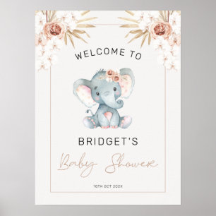Boho Floral Girls Elephant Baby Shower Welcome Poster