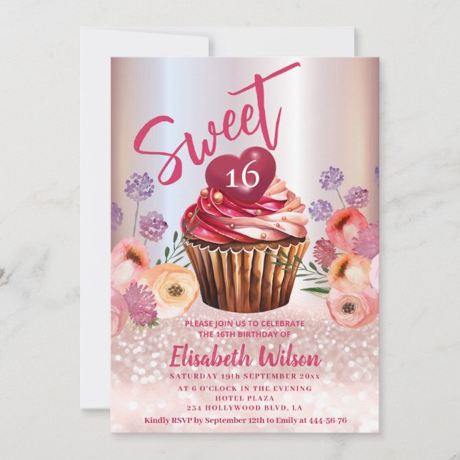 Boho floral Girly cupcake Rose gold glittery    Invitation (Front)