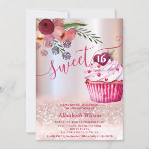 Boho floral Girly cupcake Rose gold glittery    Invitation