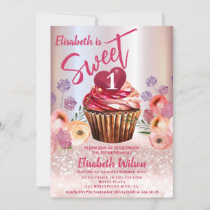 Boho floral Girly cupcake Rose gold glittery   Invitation