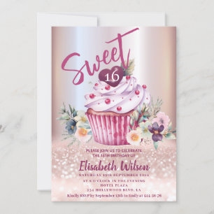 Boho floral Girly cupcake Rose gold glittery    Invitation